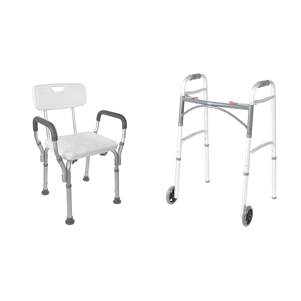 Shower Chair Bath Seat with Padded Arms and Adjustable Legs & Folding Walker with Wheels I98220