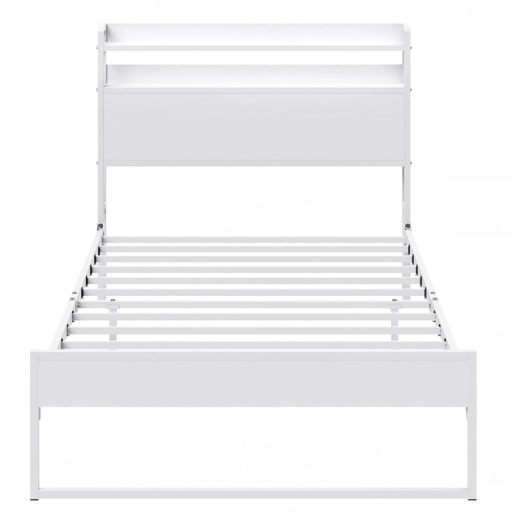 White Metal Twin Bed Frame with 2-Tier Storage Headboard Z480851