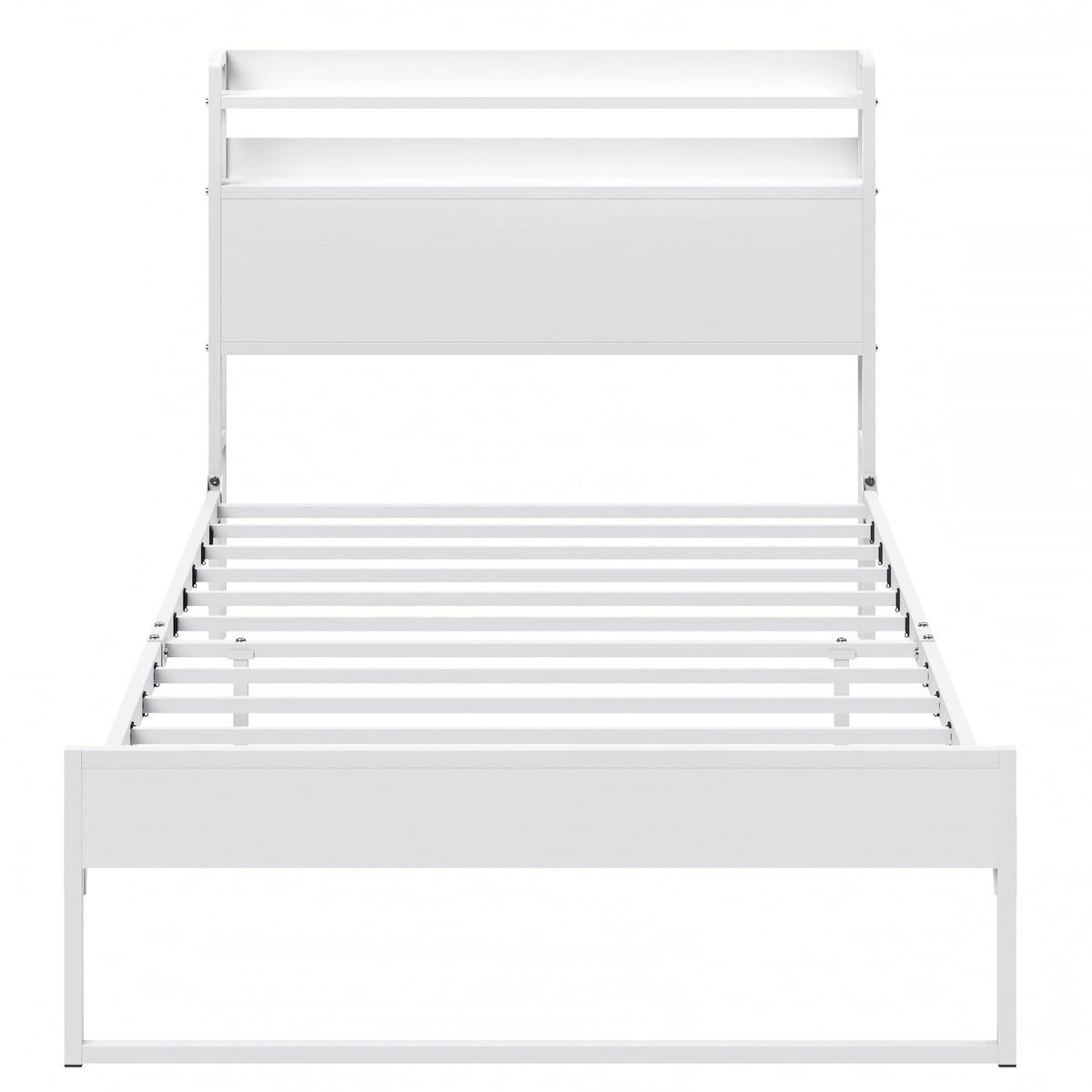 White Metal Twin Bed Frame with 2-Tier Storage Headboard Z480851