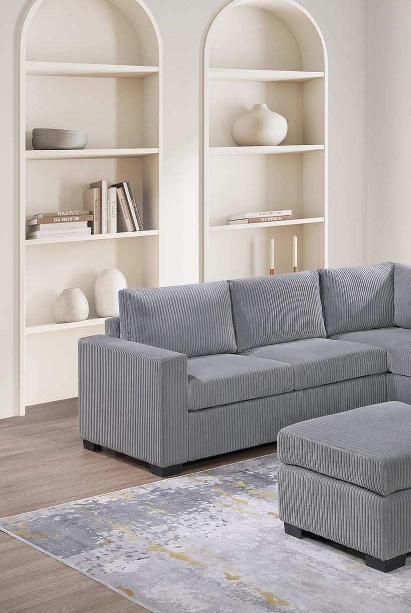 Light Gray 4pc Corduroy Sectional Sofa Set with Ottoman E71771