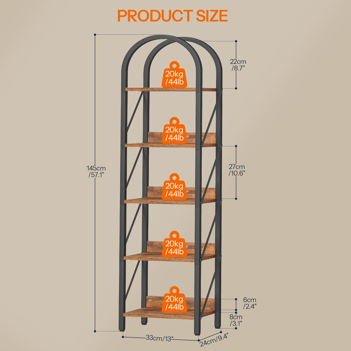 5-Tier Arched Bookshelf with Metal Frame W2035