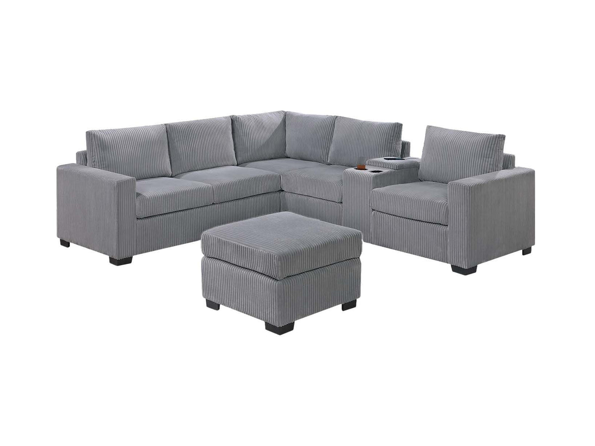 Light Gray 4pc Corduroy Sectional Sofa Set with Ottoman E71771