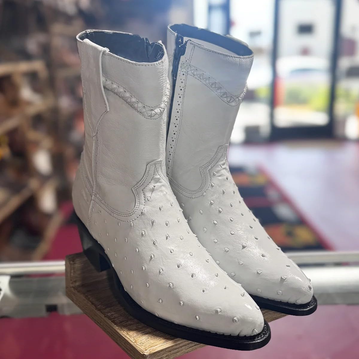 White Ostrich Print Leather Ankle Cowboy Boots with Zipper V305918