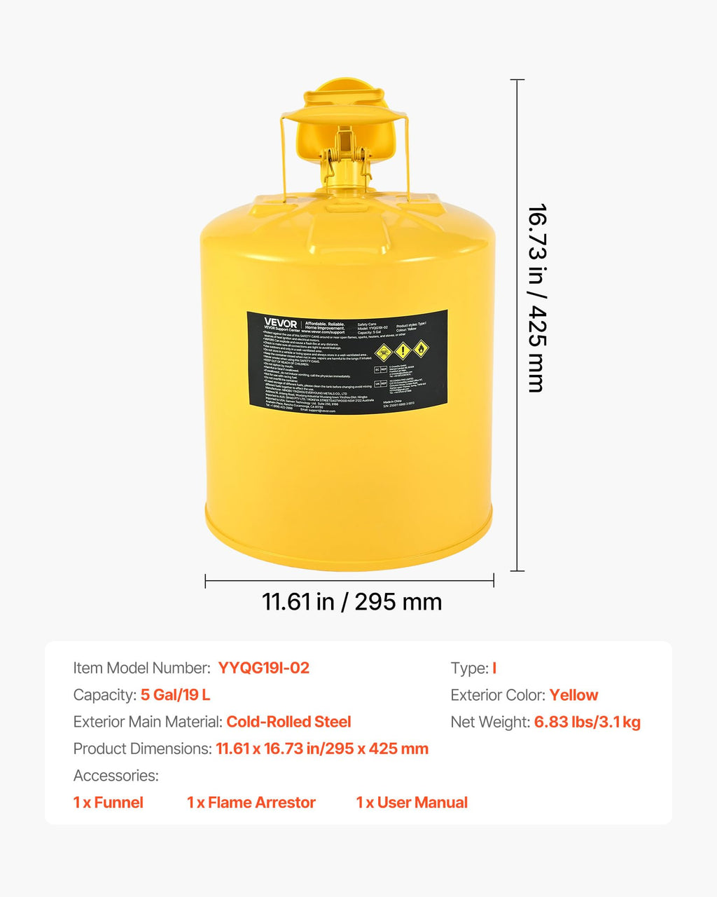 5 Gallon Type I Yellow Metal Container with Flame Arrester U238