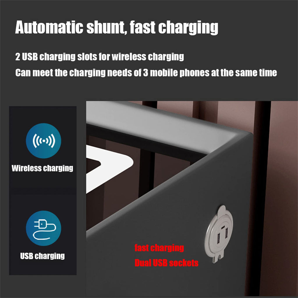 Wooden Nightstand with Wireless Charging Station, USB Port, LED Lights and Fingerprint Lock Drawers Z857