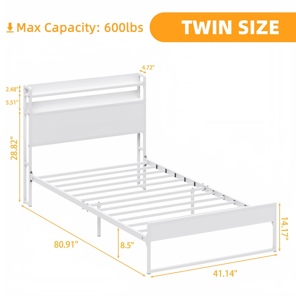 White Metal Twin Bed Frame with 2-Tier Storage Headboard Z480851