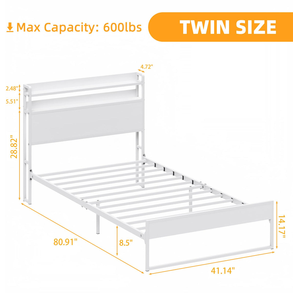 White Metal Twin Bed Frame with 2-Tier Storage Headboard Z480851