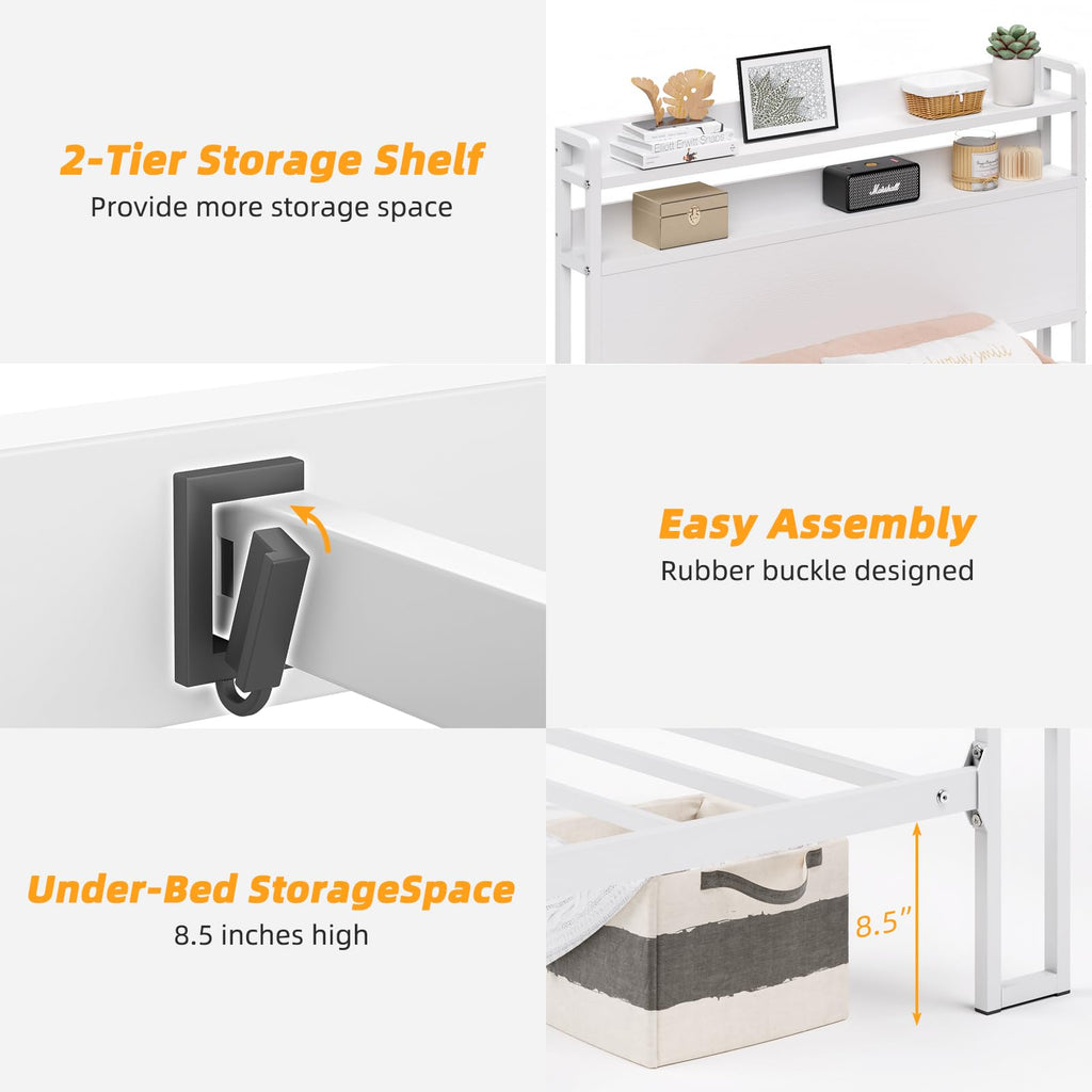White Metal Twin Bed Frame with 2-Tier Storage Headboard Z480851