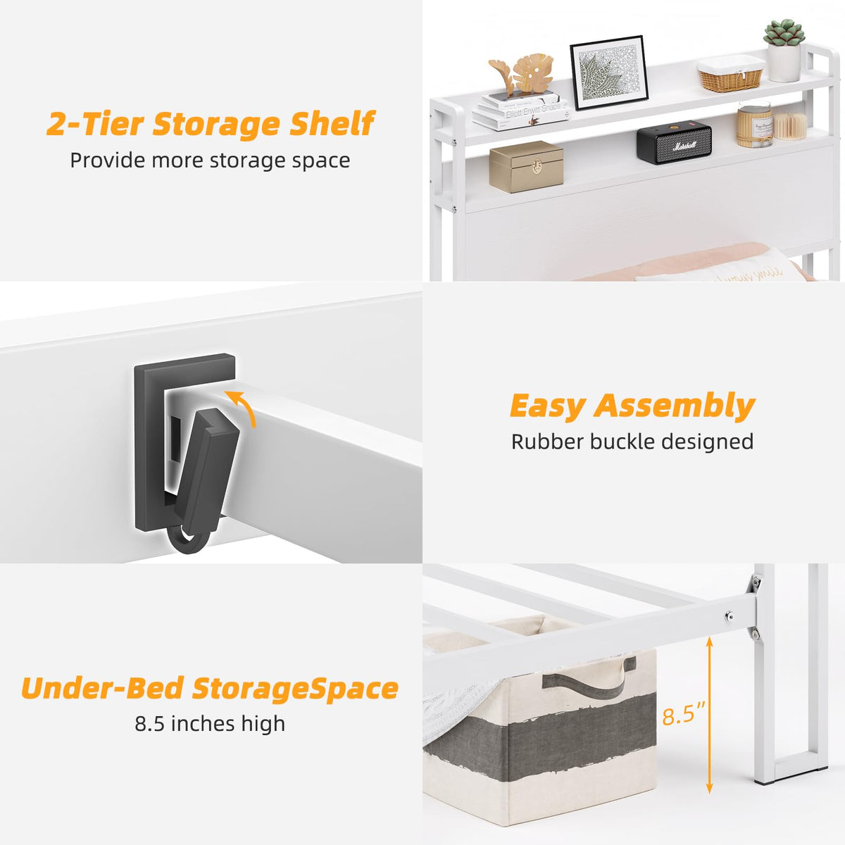 White Metal Twin Bed Frame with 2-Tier Storage Headboard Z480851