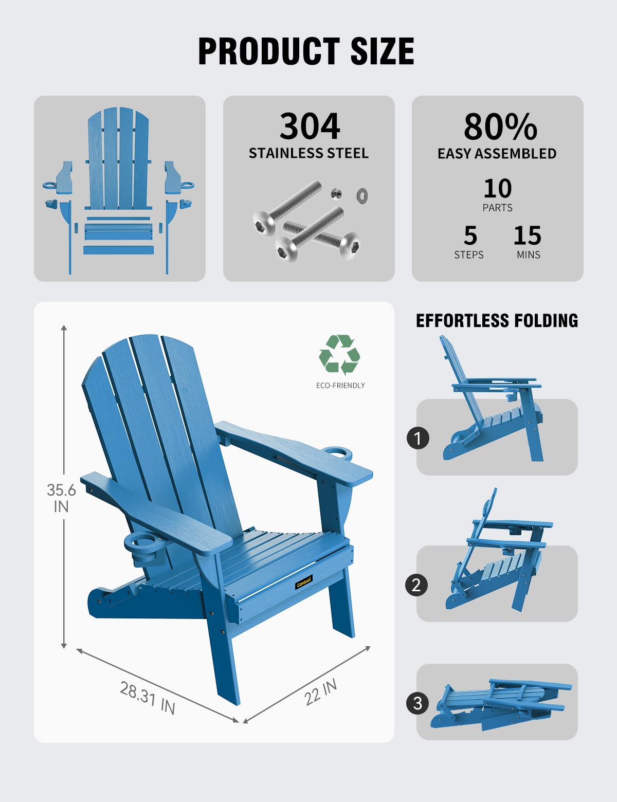 Folding Adirondack Chair with 2 Cup Holder Blue W431