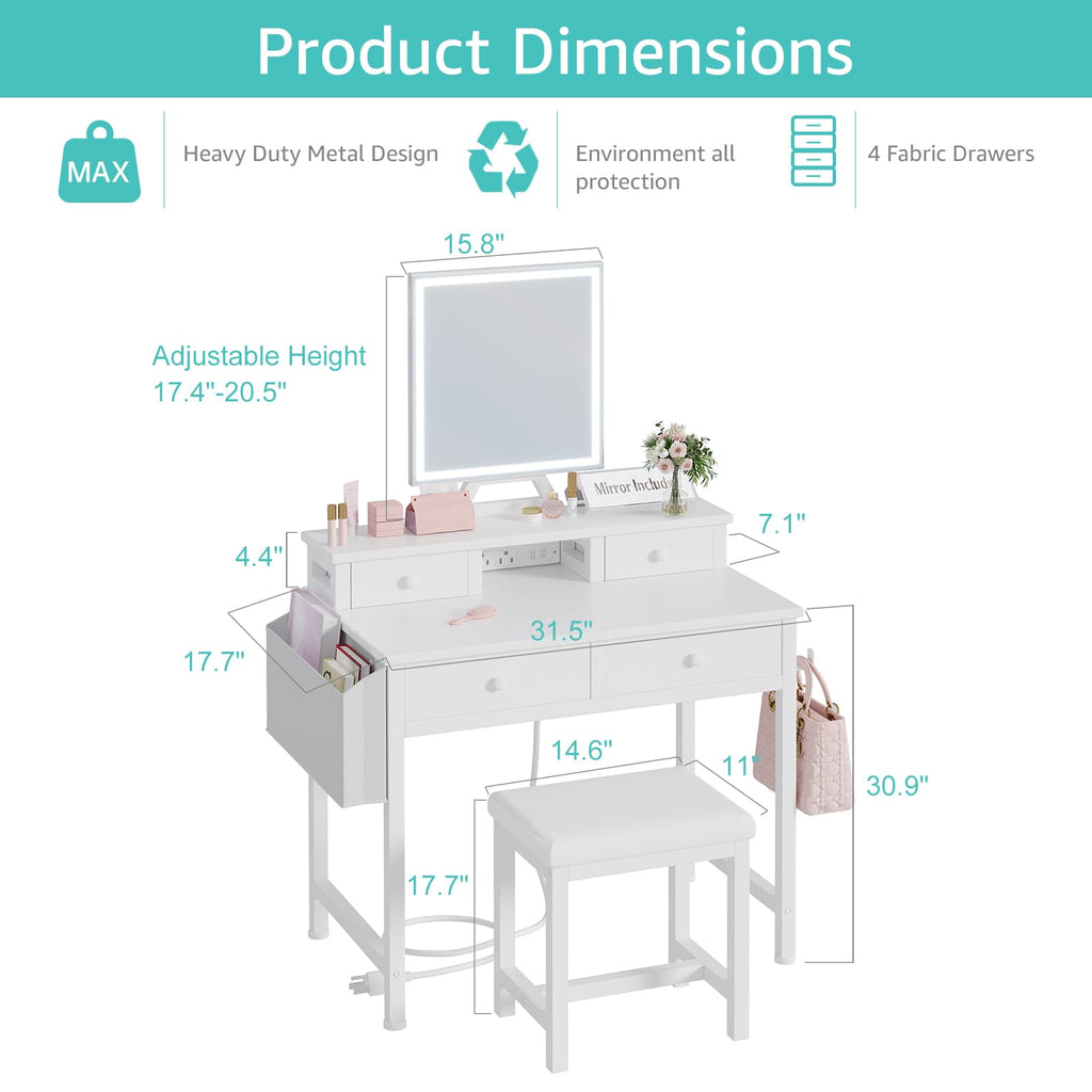 White Makeup Vanity Desk with Mirror and Lights, Chair and Drawers P938