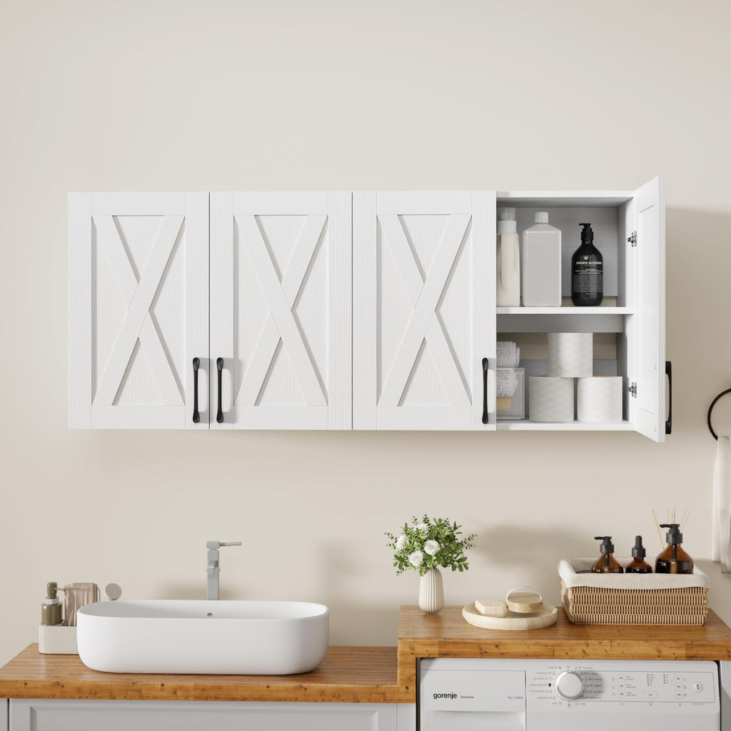White Wall Mounted Storage Cabinet with 4 Barn Doors Y902578