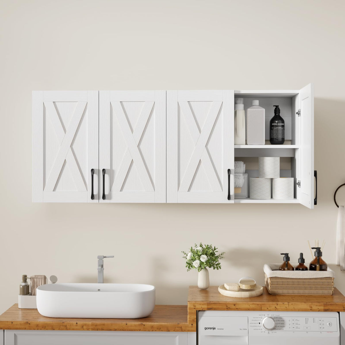 White Wall Mounted Storage Cabinet with 4 Barn Doors Y902578