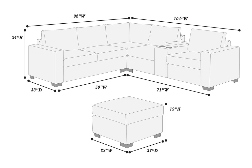 Light Gray 4pc Corduroy Sectional Sofa Set with Ottoman E71771