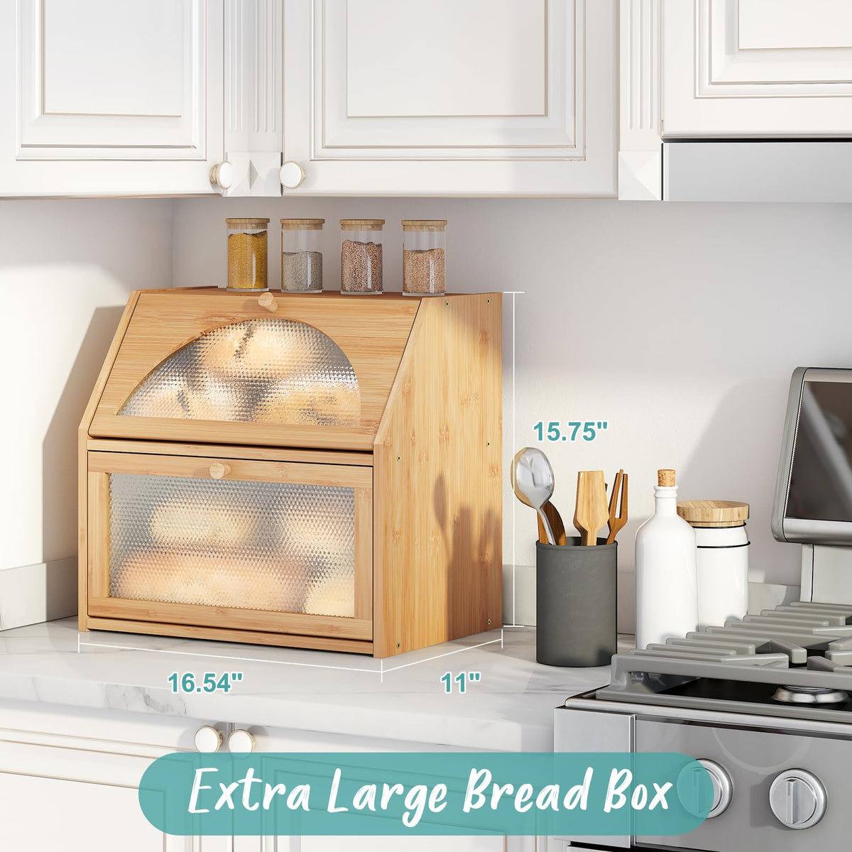 Extra Large Bamboo Wood Double Layer Bread Box F119783