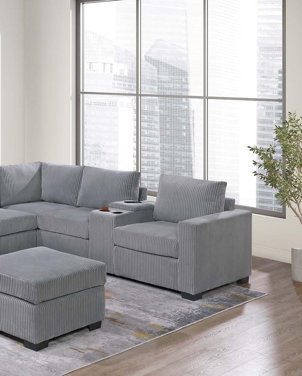 Light Gray 4pc Corduroy Sectional Sofa Set with Ottoman E71771