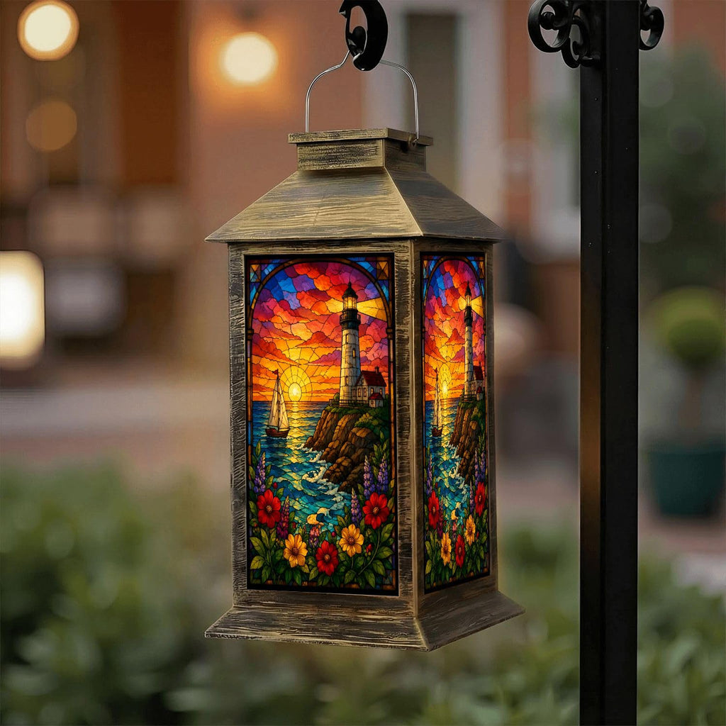 Solar Lantern Outdoor Waterproof Stained Glass Effect LED Hanging Tabletop Lamp B698