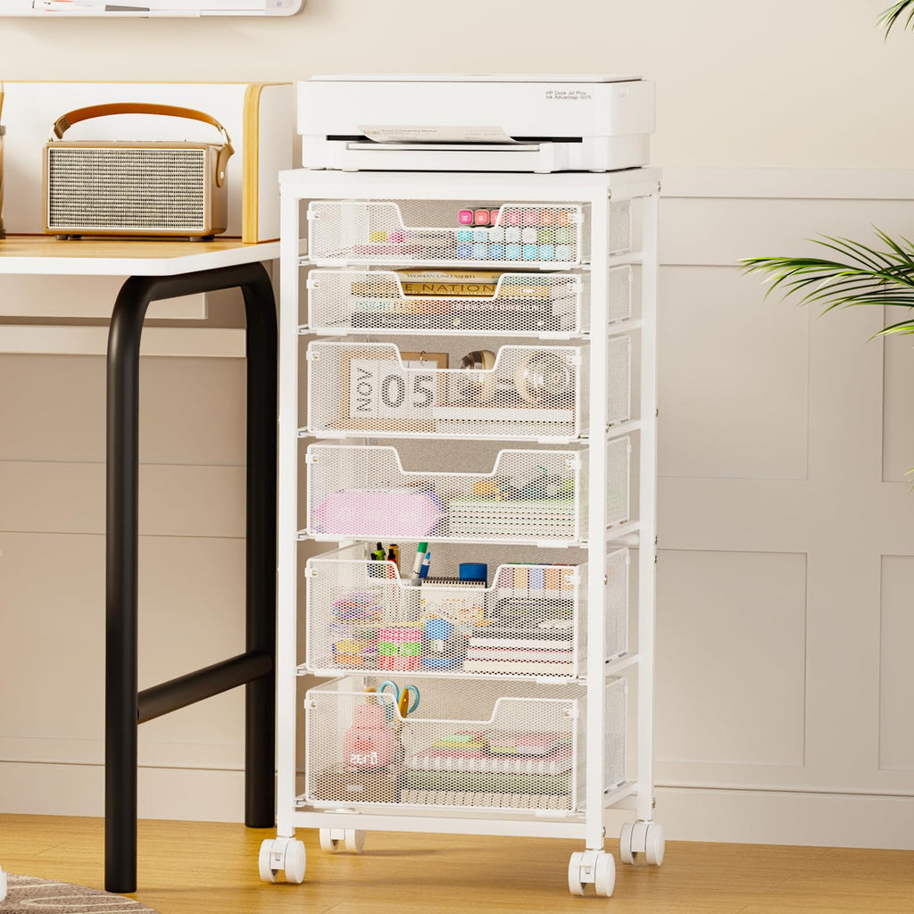 6 Drawers Rolling Utility Cart with Wooden Tabletop V548