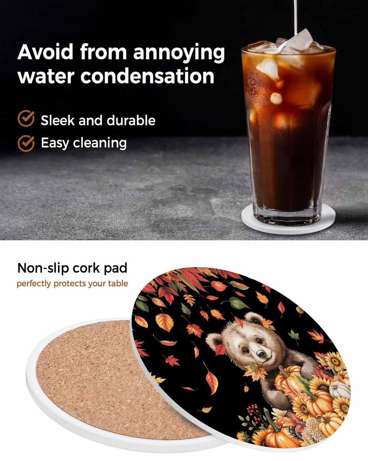 Absorbent Stone Ceramic Coaster with Cork Back, Set of 8 Z53886