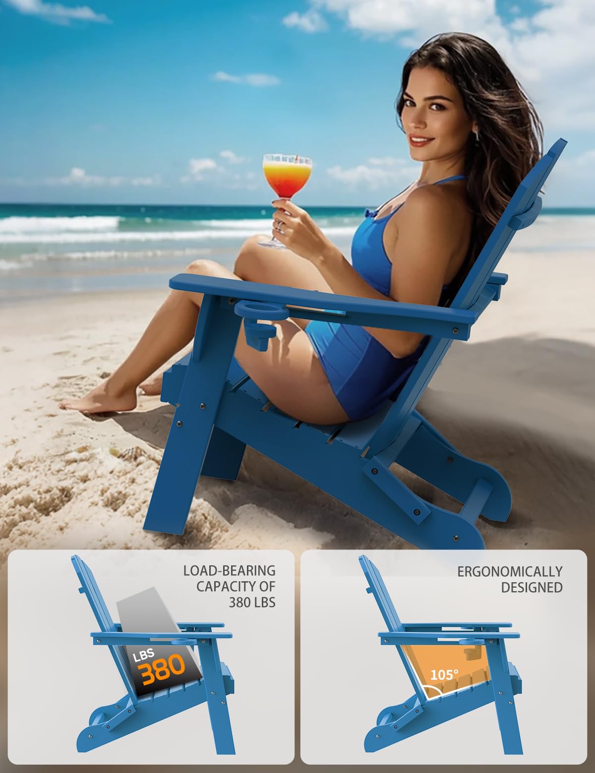 Folding Adirondack Chair with 2 Cup Holder Blue W431