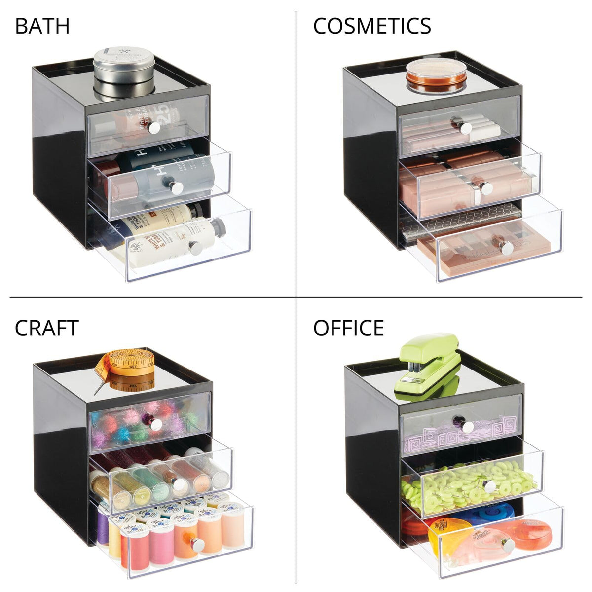 Makeup Organizer Storage Cube with 3 Drawers Black/Clear C81924