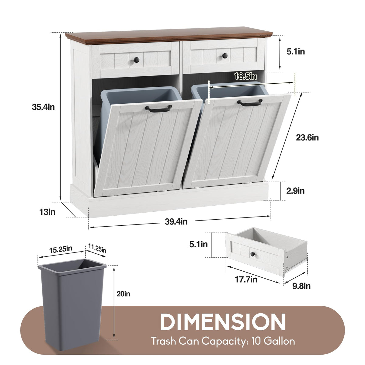White 2x10 Gallons Tilt Out Trash Can Cabinet E9376