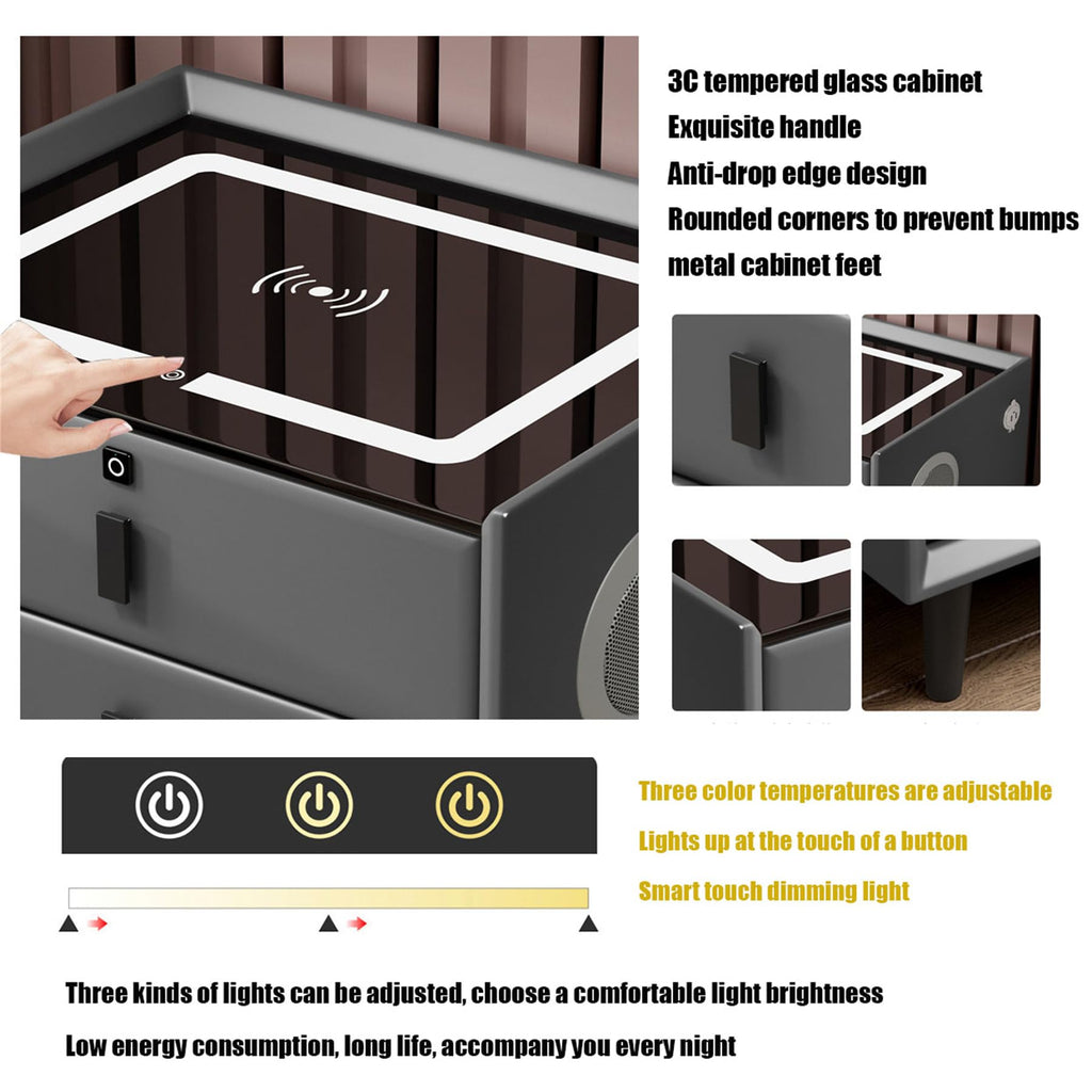 Wooden Nightstand with Wireless Charging Station, USB Port, LED Lights and Fingerprint Lock Drawers Z857