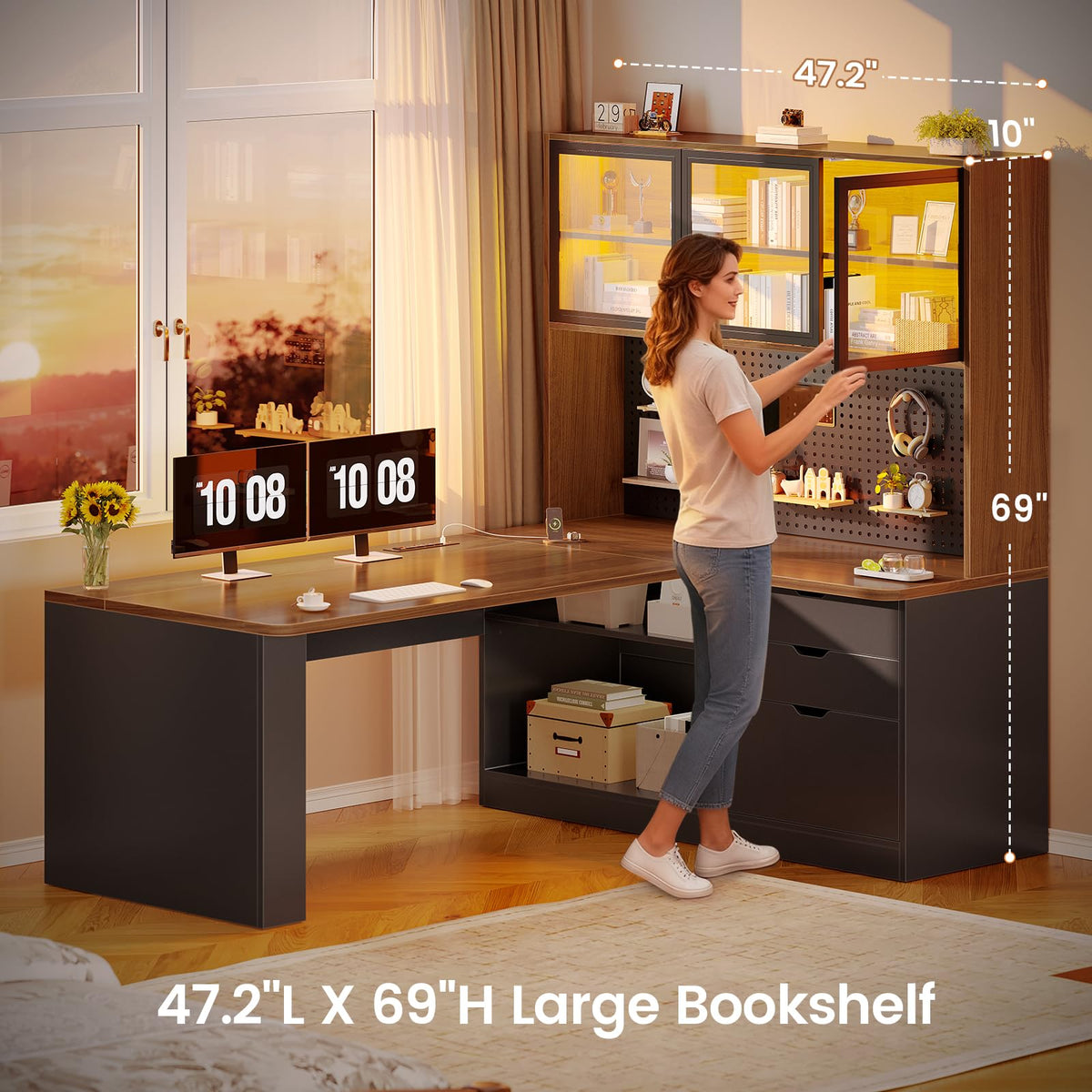 L Shaped Computer Desk with Drawer and Bookshelf B380
