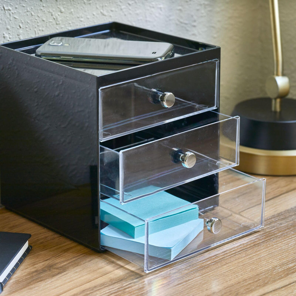 Makeup Organizer Storage Cube with 3 Drawers Black/Clear C81924