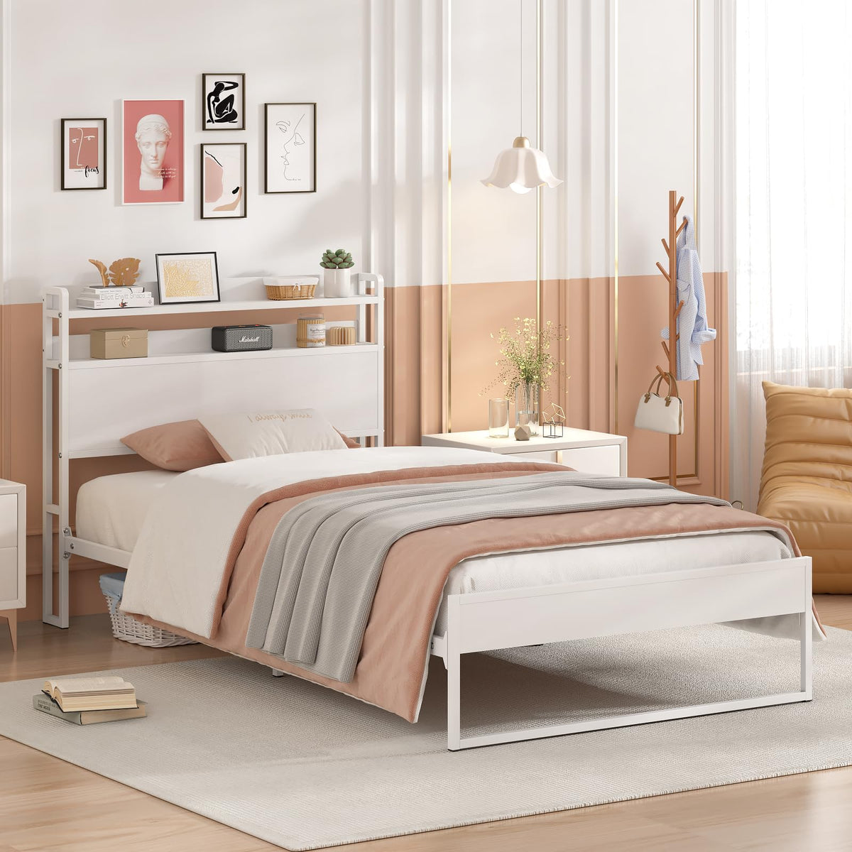 White Metal Twin Bed Frame with 2-Tier Storage Headboard Z480851