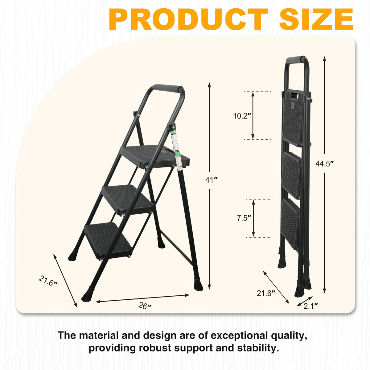 Portable Steel Folding Step Stool, 3-Step, Black Z6297