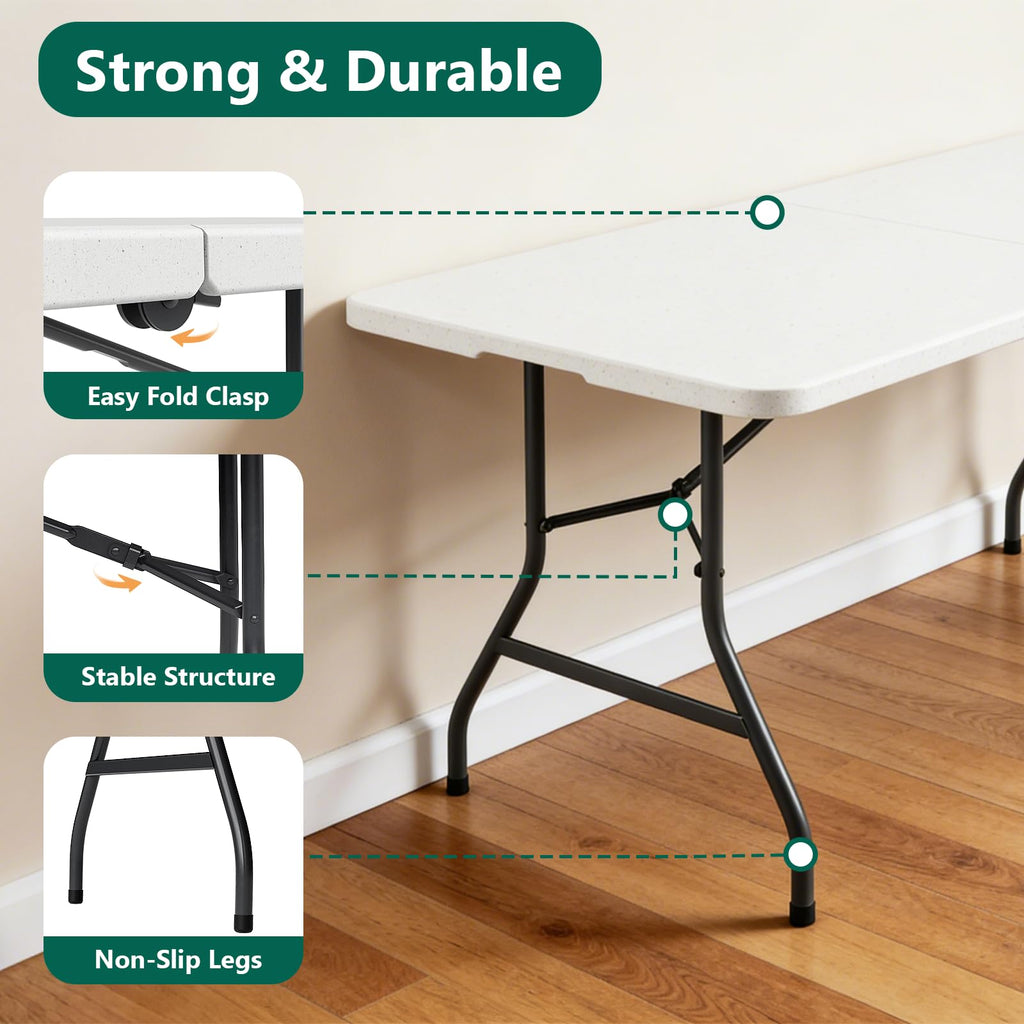 6FT Heavy Duty Plastic Folding Table with Steel Legs White J221139