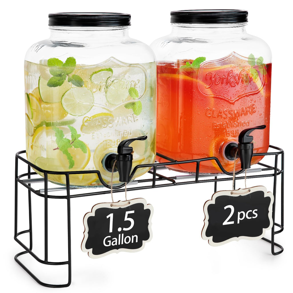 2pcs 1.5 Gallon Glass Drink Dispenser with Metal Stand B832