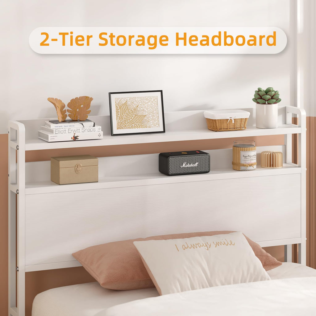 White Metal Twin Bed Frame with 2-Tier Storage Headboard Z480851