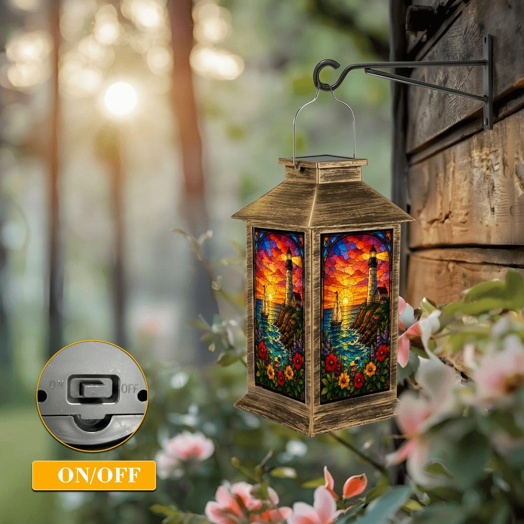 Solar Lantern Outdoor Waterproof Stained Glass Effect LED Hanging Tabletop Lamp B698