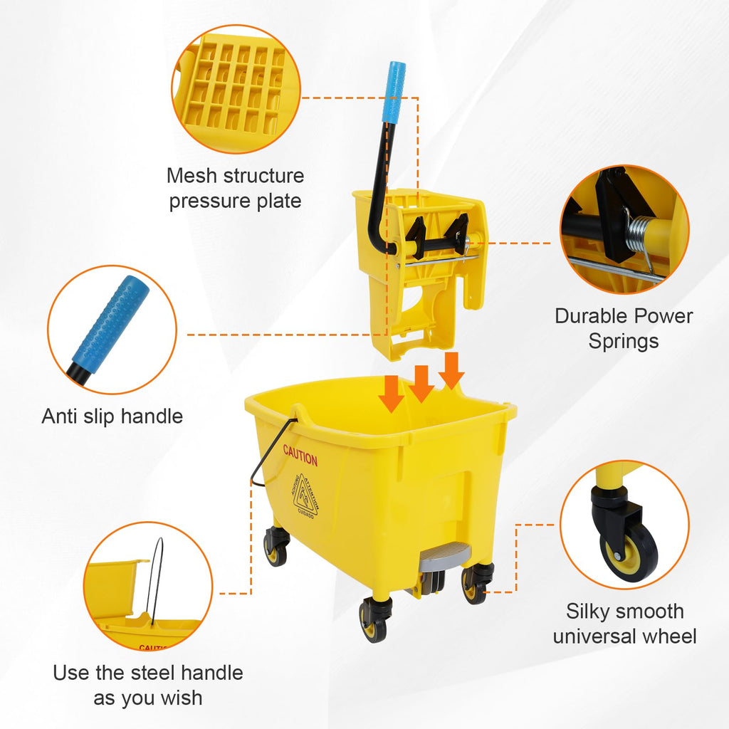 35 Qt Mop Bucket with Side Press Wringer on Wheels W8323
