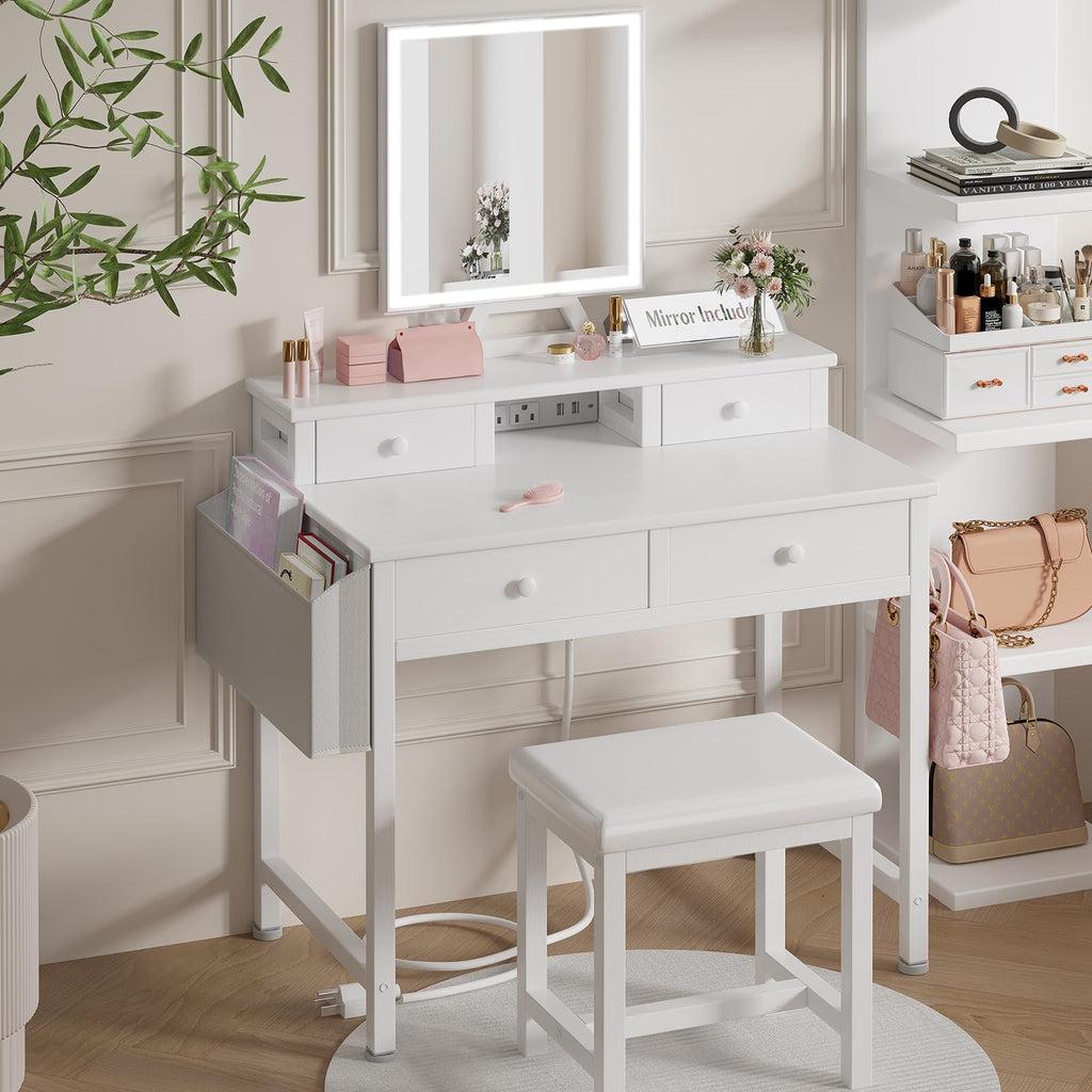 White Makeup Vanity Desk with Mirror and Lights, Chair and Drawers P938