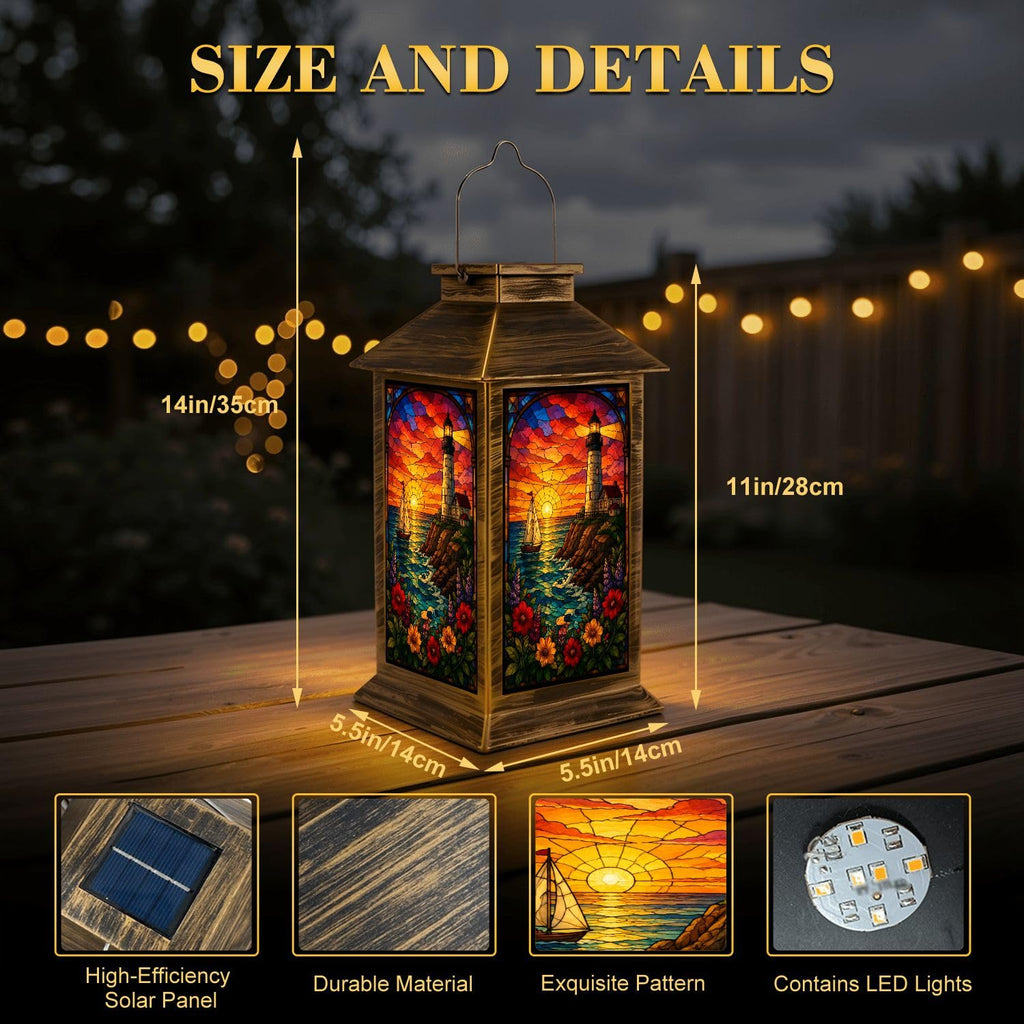 Solar Lantern Outdoor Waterproof Stained Glass Effect LED Hanging Tabletop Lamp B698