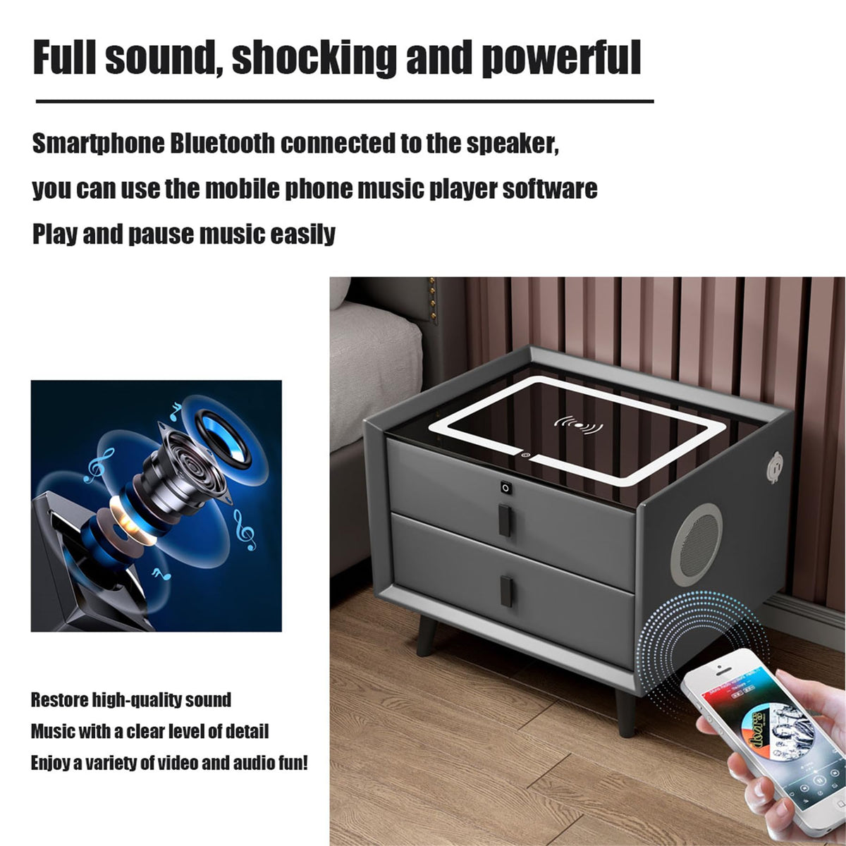 Wooden Nightstand with Wireless Charging Station, USB Port, LED Lights and Fingerprint Lock Drawers Z857