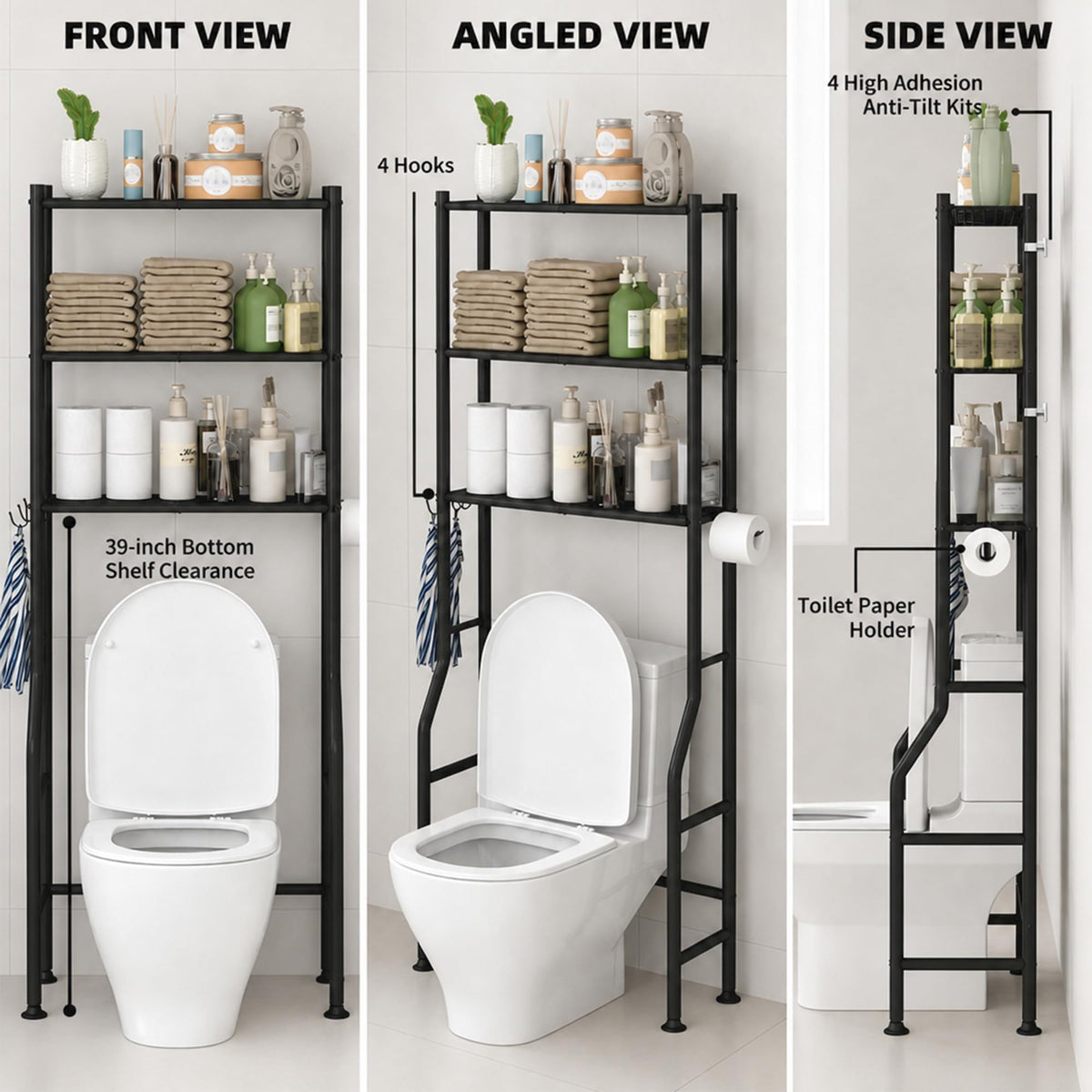 3-Tier Over Toilet Storage, Black O96625