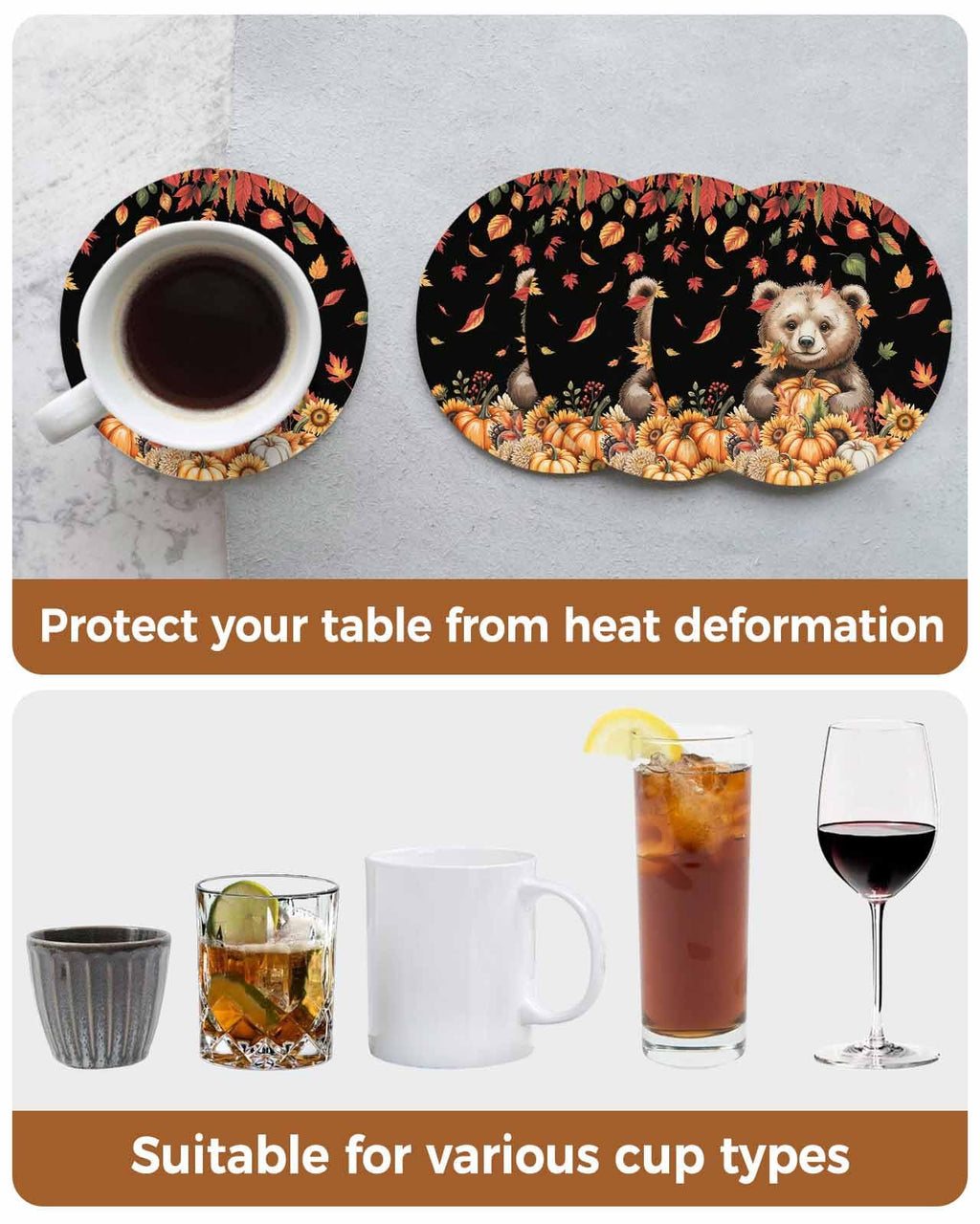 Absorbent Stone Ceramic Coaster with Cork Back, Set of 8 Z53886