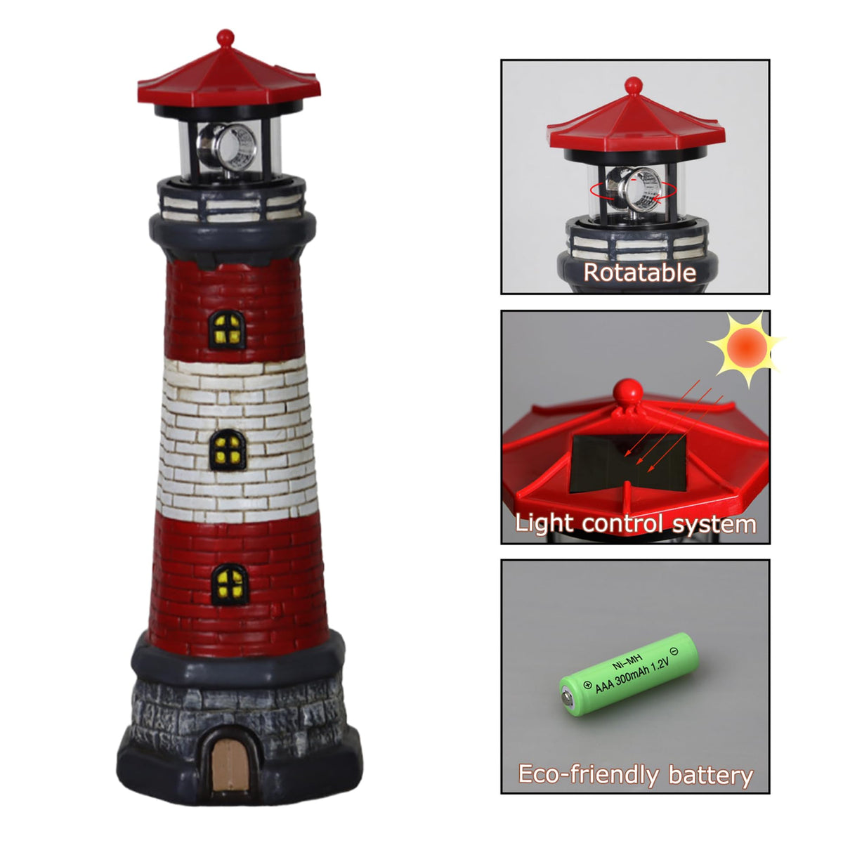 Solar Lighthouse with Rotating LED Lights Waterproof Lighthouse Statue C24173