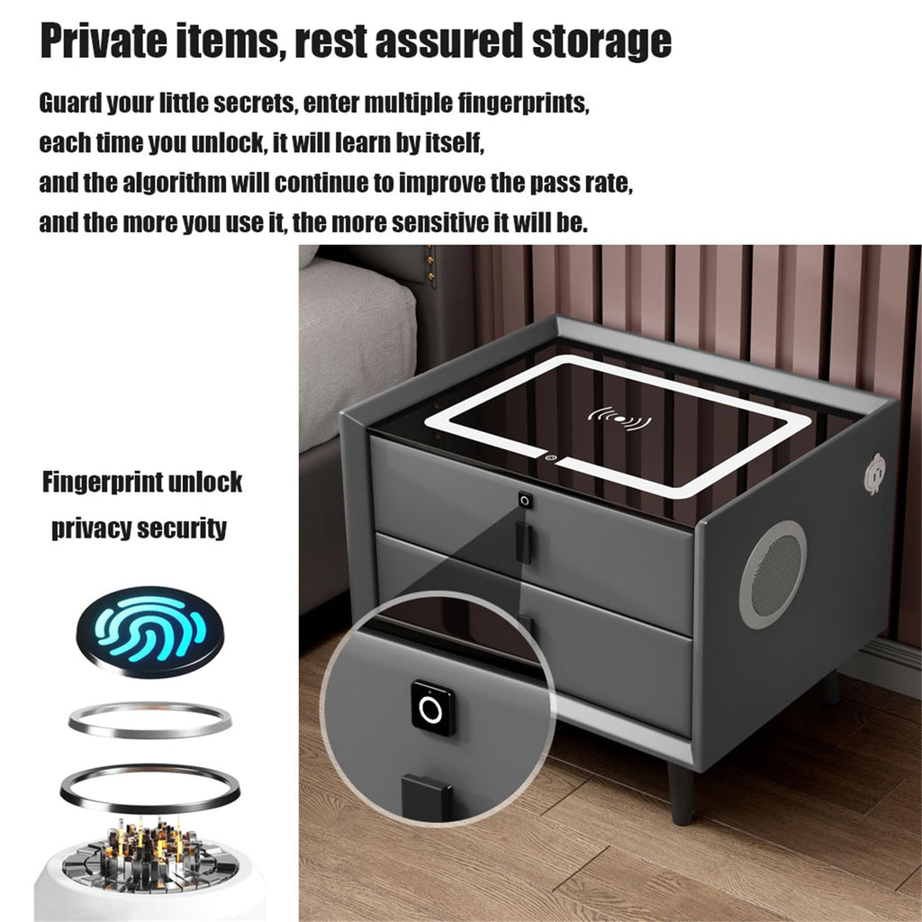Wooden Nightstand with Wireless Charging Station, USB Port, LED Lights and Fingerprint Lock Drawers Z857