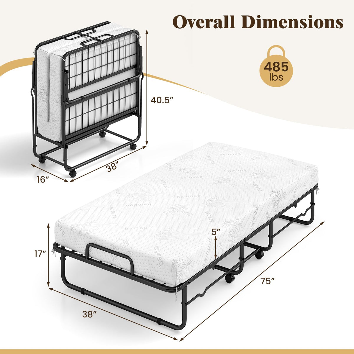 Folding Bed with 5-Inch Mattress, Twin Size Foldable Guest Bed with Metal Frame I9700