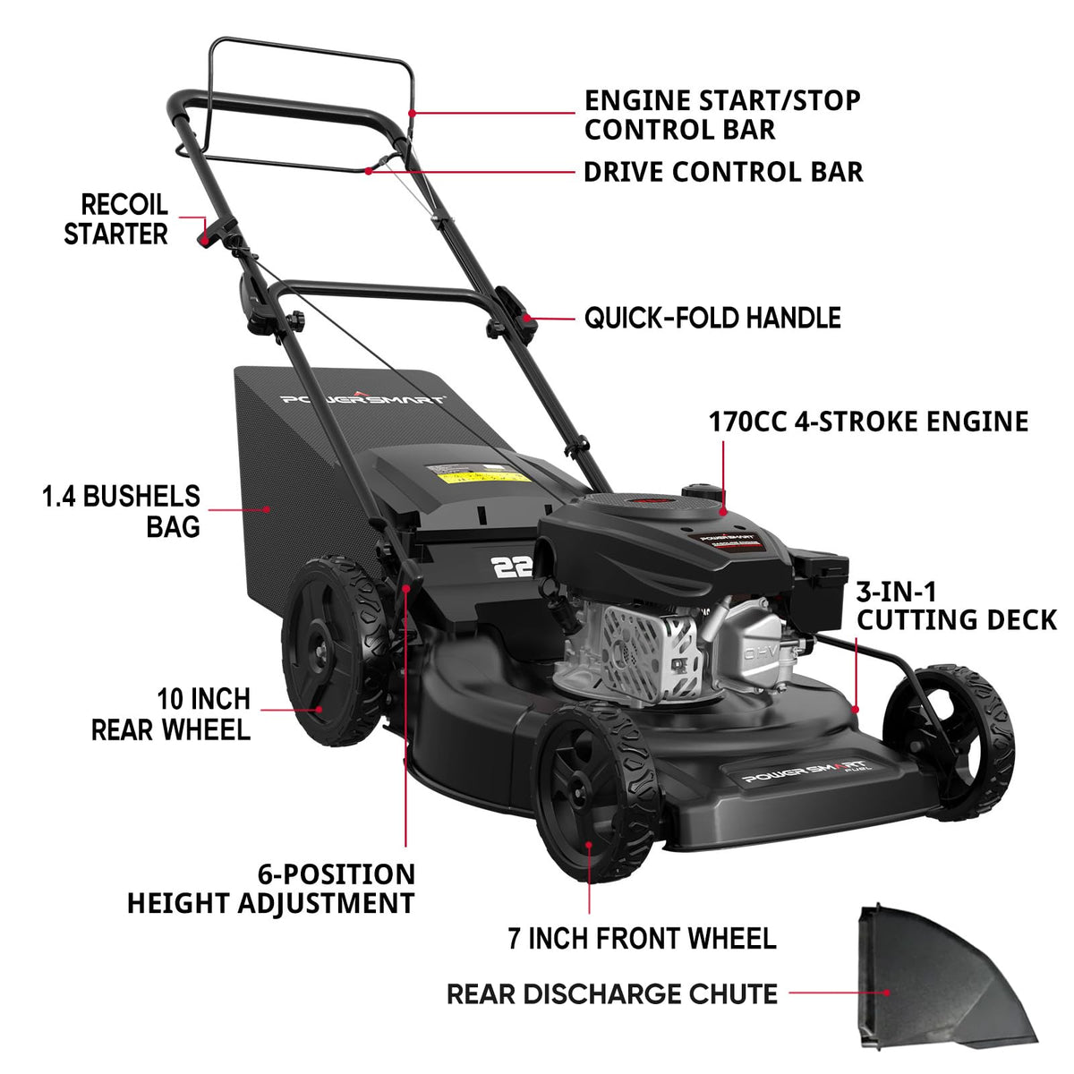 22-Inch Self Propelled Gas Lawn Mower, 170cc 4-Cycle OHV Engine D804801