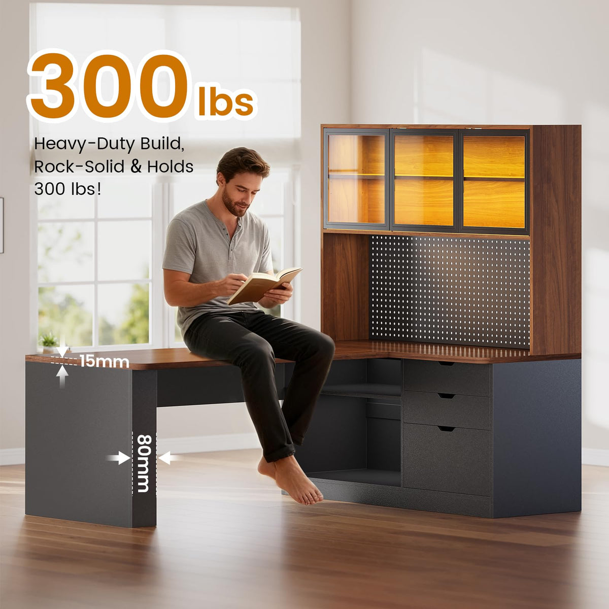 L Shaped Computer Desk with Drawer and Bookshelf B380