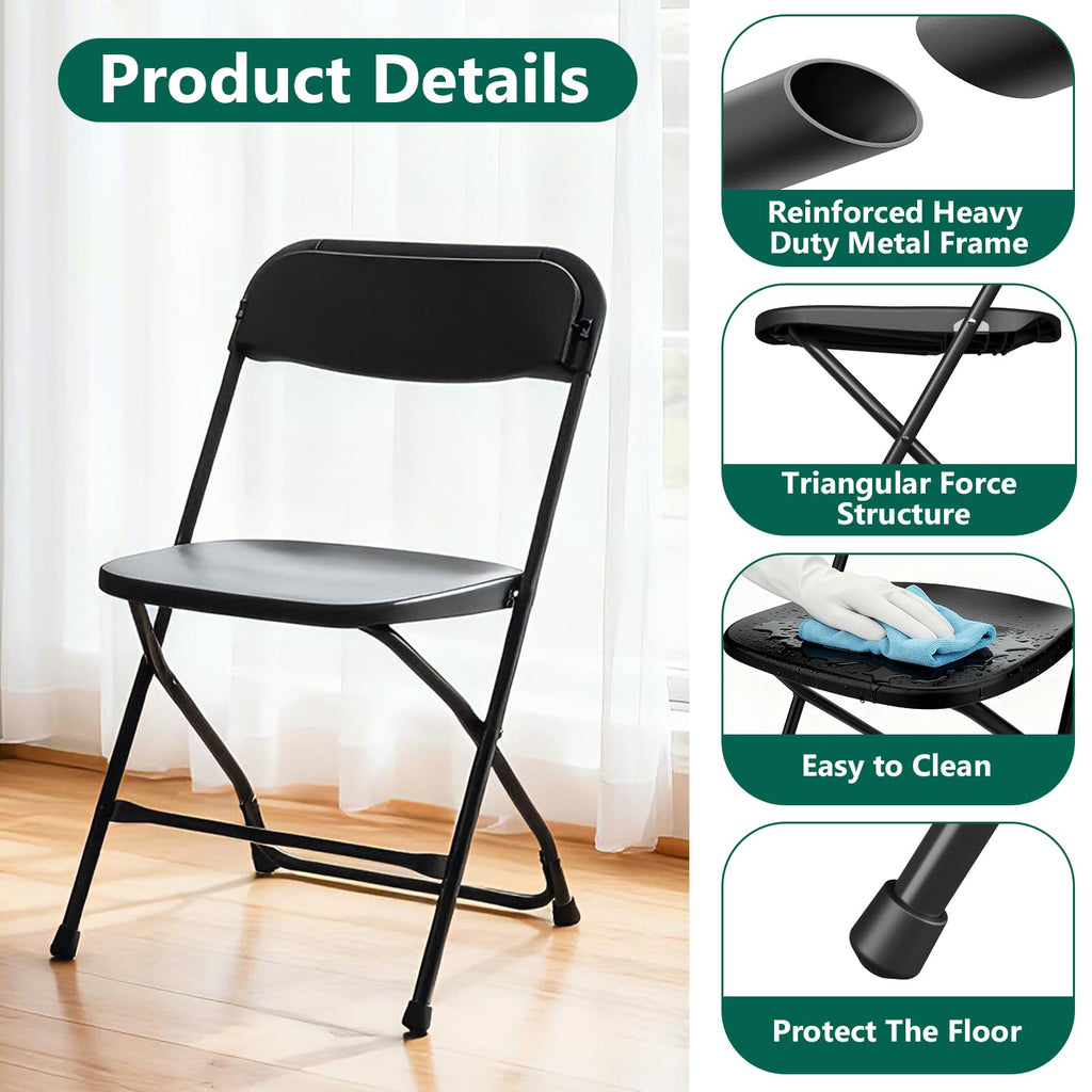 Black Plastic Folding Chairs, 10 Pack Steel Frame 350lbs Capacity S13371