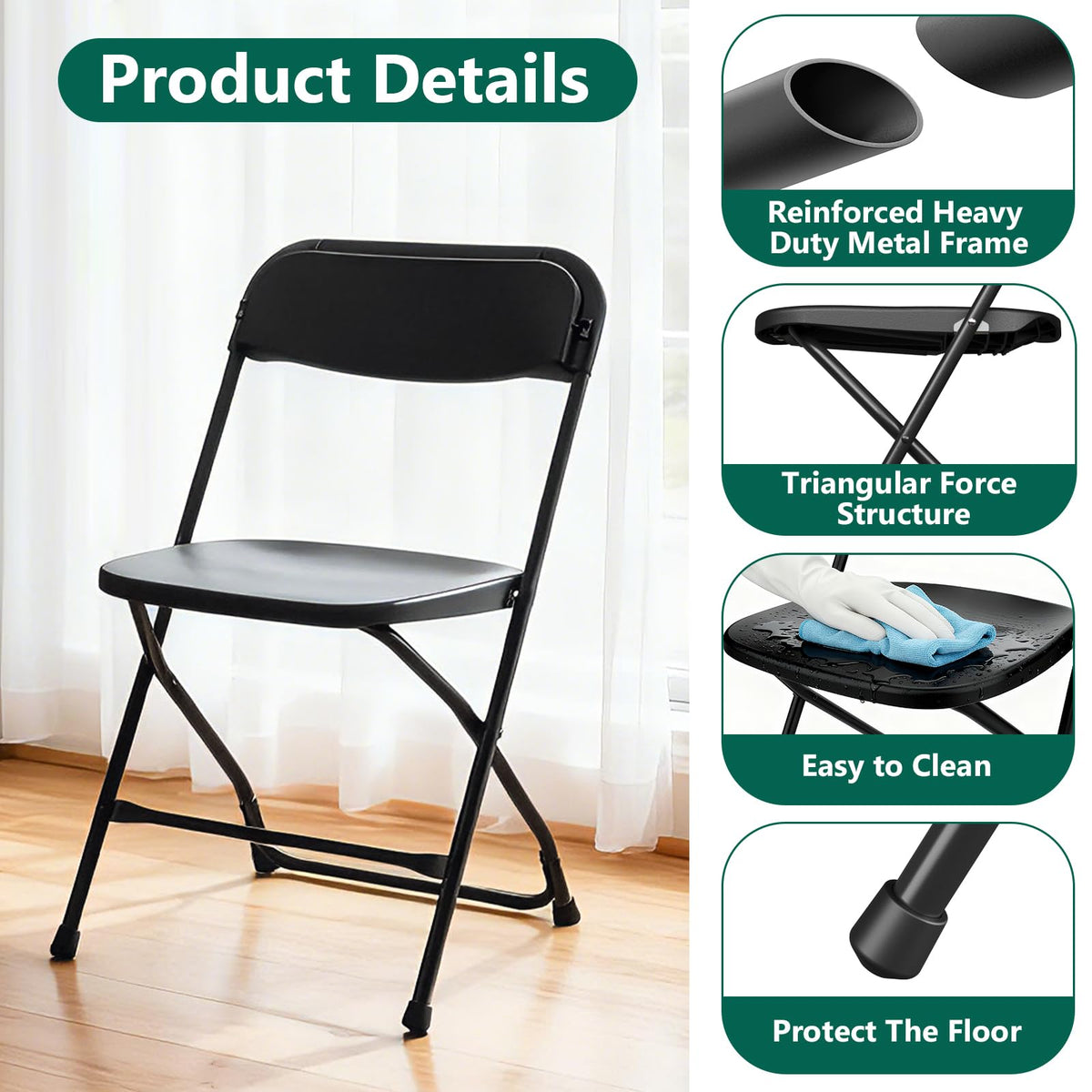 Black Plastic Folding Chairs, 10 Pack Steel Frame 350lbs Capacity S13371