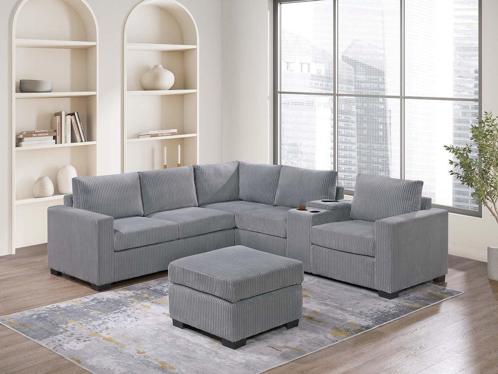 Light Gray 4pc Corduroy Sectional Sofa Set with Ottoman E71771