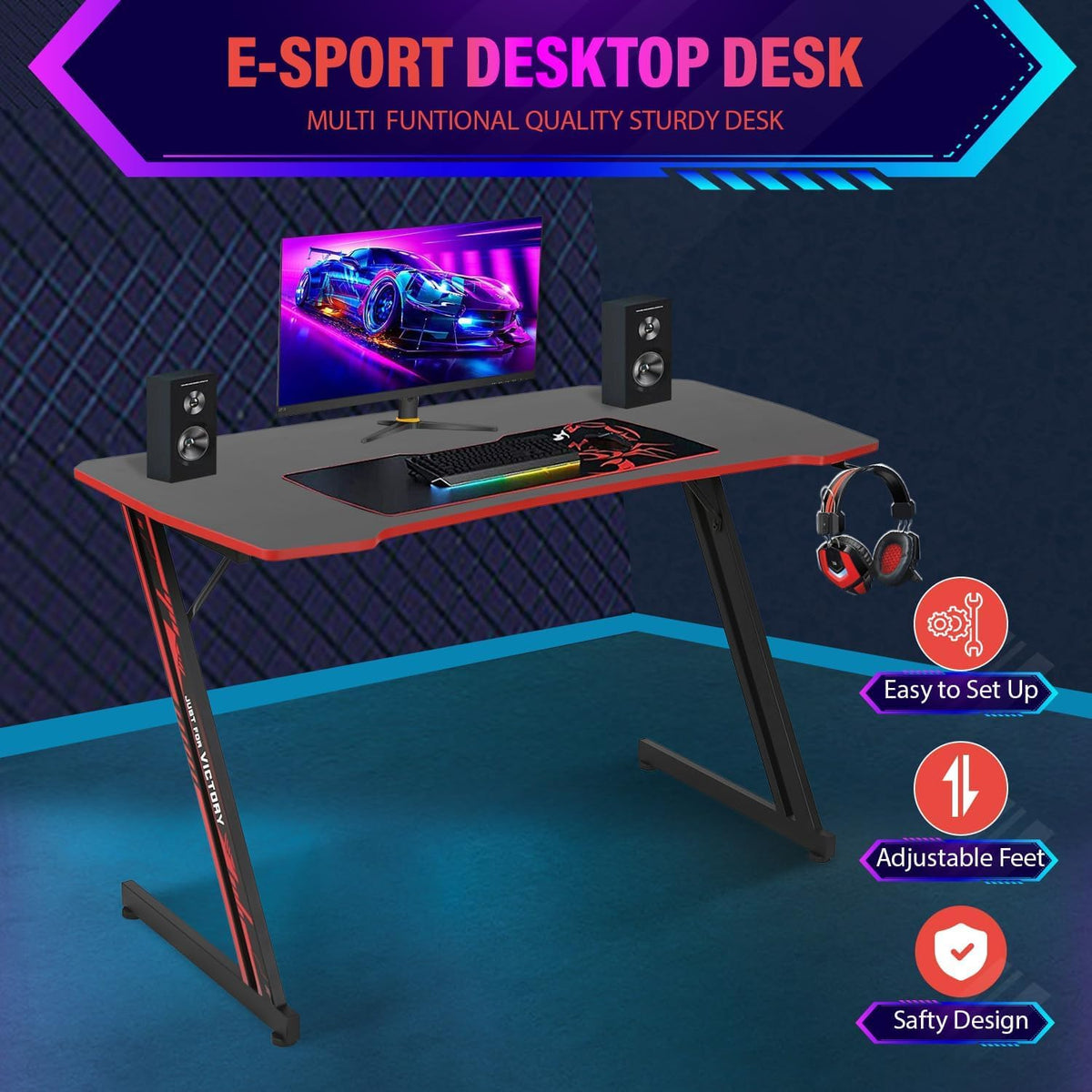 47 Inch Gaming Desk with Headphone Hook O454943